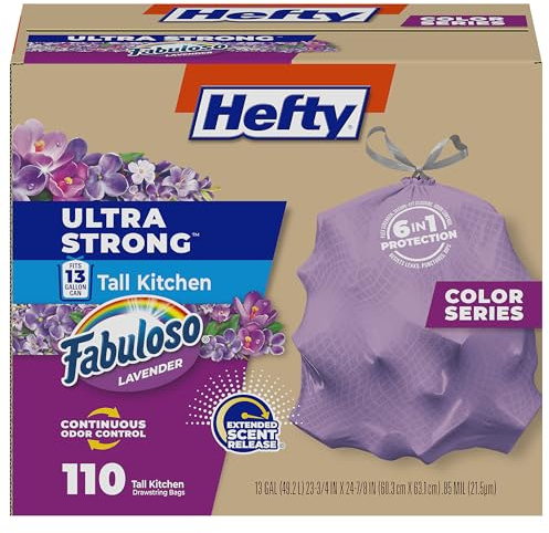 Hefty Bolsas de basura ultra fuertes de 13 galones, bolsas de basura altas de cocina de 13 galones, resisten fugas, pinchazos y rasgaduras, control continuo de olores, morado, aroma fabuloso, 110