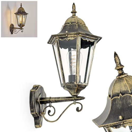 HOFSTEIN Außenwandleuchte Hongkong, Außenwandlampe aus Metall/Glas in Schwarz/Gold/Klar, Wandleuchte außen im Vintage/Antik/Landhaus-Design, E27, IP44 - für Garten, Hof, Außenbereich, Haustür