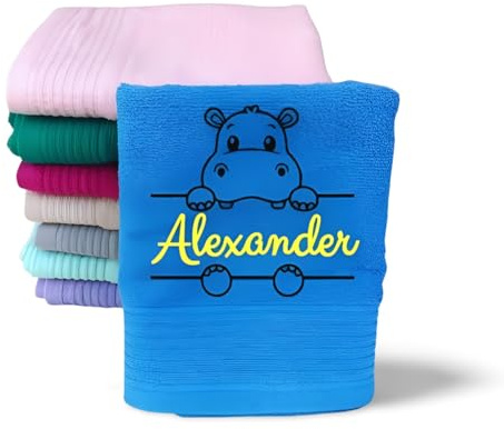 Wuff-Dogsworld Kinderhandtuch mit Motiv & Namen Bestickt, personalisiert, für Jungen & Mädchen, Verschiedene Motive & Farben, 100% Baumwolle (Azur blau, 70 x 140 cm)