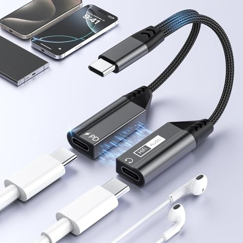 2 in 1 Magnetic USB C to Dual USB C Headphone Charger Aux Adapter,Type-C to C Audio Charger Adapter Splitter with PD 60W Fast Charging Compatible with iPhone 16 15/Samsung S25 S24 S23 S22/iPad Pro
