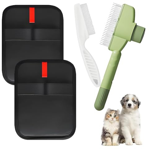4 PCS Pet Hair Removal Glove Pet Hair Remover Glove with 2 Flea Comb | Pet Hair Glove Gloves Function as Both a Grooming Aid and Surface Cleaner, for Furniture Bed Carpet Clothes Sofa