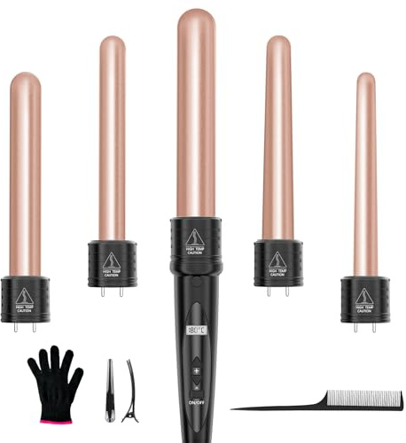 VIYSPNV Ferro Arricciacapelli 5 in 1 Piastra Onde per Capelli con Temperatura Regolabile 80°C - 230°C e Display LCD Ondulatore Modellatore con Ferri di Diverso, Guanto, 2 Clip, Pettine