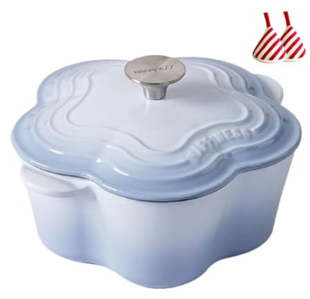 Wygwlg Pentola in Ghisa Smaltata A Forma di Fiore, Pentola per Zuppa A Forma di Petalo, Antiaderente Smaltata con Coperchio E Morsetto Triangolare Termoisolante, Robusta Pentola Ispessita(Blue)