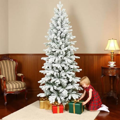 HOMCOM 6ft Flocked Christmas Tree Hinged Pencil Christmas Tree Green White