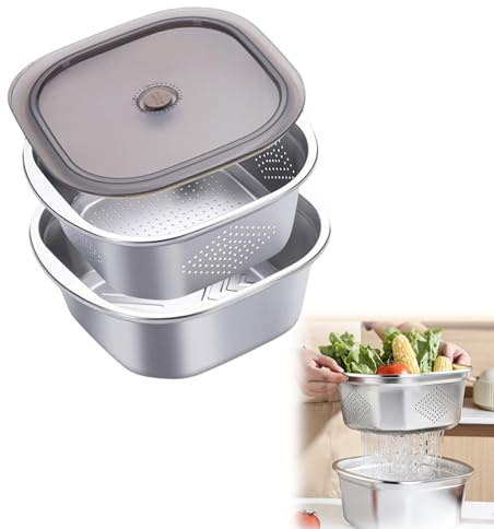 Hengrongshen Küchensiebschüssel, Nudelsieb aus Edelstahl, 28 cm Siebschüssel mit verstärktem Rahmen, Küchensieb mit Deckel zum Abtropfen von Nudeln, Waschen von Gemüse, Obst und Reis, 4600 ml