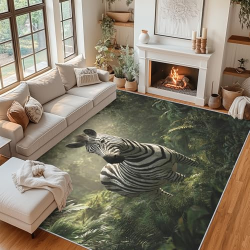 Generisch Fußmatte Zebra 60x90 cm, Teppich Tropischer Dschungel Weicher Waschbarer Antirutsch Kurzflor Carpet für Eingangsbereich Bettvorleger P-&36