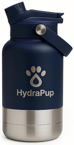 HydraPup 32oz Insulated Dog Water Bottle – Stainless Steel, Leakproof Travel jug Keeps Water Cold. Includes pet Bowls, Perfect for Hiking, Camping, and Outdoor Adventures with Your Dog (Navy Blue)