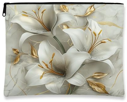 Élégante trousse de maquillage florale vintage en forme de lys blanc, pochette de voyage pour femme, organiseur portable en toile avec fermeture éclair, trousse de toilette printanière de 17,8 x 22,9