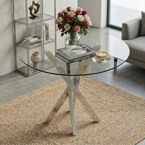 HIYYIH Mesa de comedor extensible, moderna mesa de comedor ovalada de color negro, mesa de comedor redonda, 1 placa adicional, longitud 100/140 x ancho 100 x alto 75 cm (plata y cristal)
