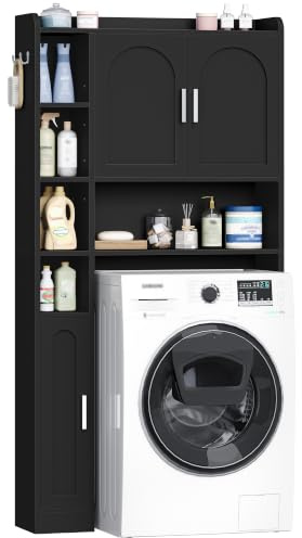 Hzuaneri Waschmaschinenschrank mit 3 Türen, Verstellbare Ablagen | Waschmaschinenregal mit 5 offenen Fächern, für Badezimmer, Toilette und Waschküche, 24 x 82 x 170 cm, Schwarz, LR82006X