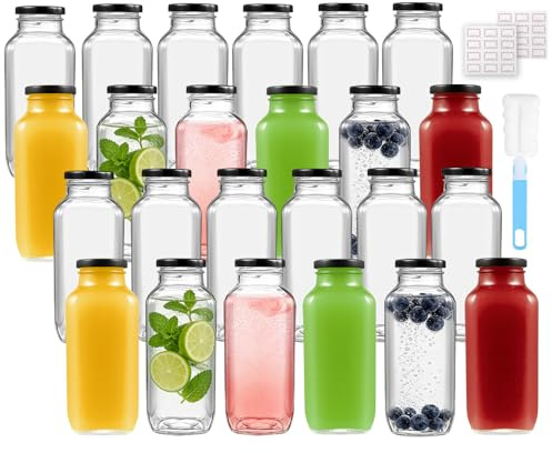 Glass Juice Bottles with Metal Lids, 24pcs/500ml Water Bottles Milk Bottles | Reusable Juicing Bottles, Smoothie, Homemade Beverages, Hot Cold Drinks, Food Storage, include Cleaning Brush, Sticker Labels