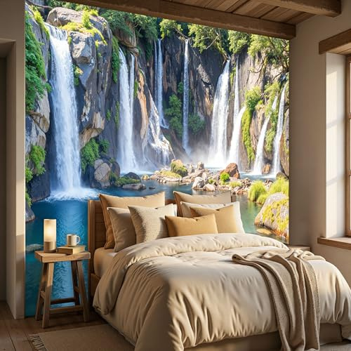 Papel Pintado Pared 3D Papel Tapiz 200x140cm Cascada En Acantilado Poza Fotomurales TV Fondo Pared Dormitorio Murales Papels Tapiz Paisaje Natural, Azul