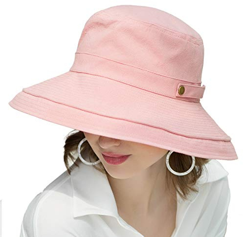 SOMALER Dam bomull brett brätte solhattar UPF50 UV packbar strandhatt sommar hinkmössa för resor, Knappdekoration-rosa, One Size