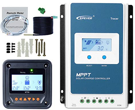 EPEVER MPPT Contrôleur de charge solaire 40 A, tension d'entrée maximale 100 V, traceur négatif 4210AN + compteur à distance MT50 avec écran LCD rétroéclairé pour chargeur de batterie solaire au
