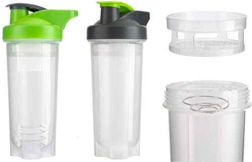 Glow Protein Shaker Bottle – Set of 2 Green Premium 700ml Sports Drinks Shake & Water – Gym Workout Indoor Outdoor Exercise – BPA Free Flip Lid Carry Handle Whisk Ball & Mixing Gauze for Smoother Mix