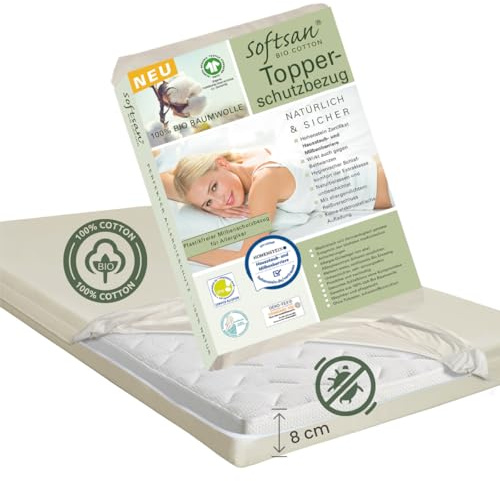 Softsan Encasing für Boxspring Topper aus Bio Baumwolle | bis 8 cm Höhe | Anti Milben Schutzbezug | Weltneuheit | Viele Größen (160 x 200 x 8 cm)