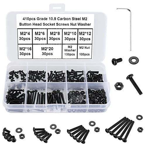 FandWay 410 Pezzi Viti Testa Bottone Brugola,M2 Kit di Bulloni e Dadi Rondelle,Viti a Esagono Incassato Viti a Macchina Acciaio al Carbonio Classe 10.9 Nero Con 1 Chiavi per Mobili Garage Casa DIY.