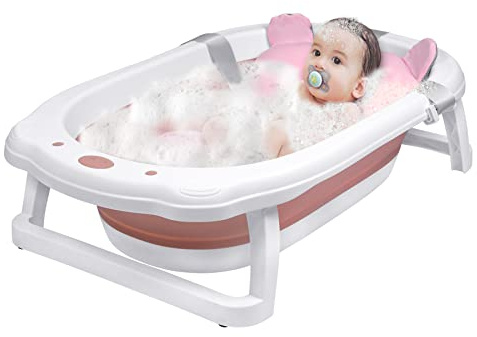 Froadp Vasca da bagno pieghevole 82 x 50 x 20 cm con fori di drenaggio e cuscino antiscivolo per neonati e bambini (rosa, con cuscino da bagno)