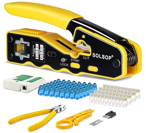 Solsop RJ45 Crimpwerkzeug Durchgangs Cat5e Cat5 CAT6 Crimpwerkzeug Kit mit 50PCS CAT6 Stecker (Gelb Crimpwerkzeug-Set)