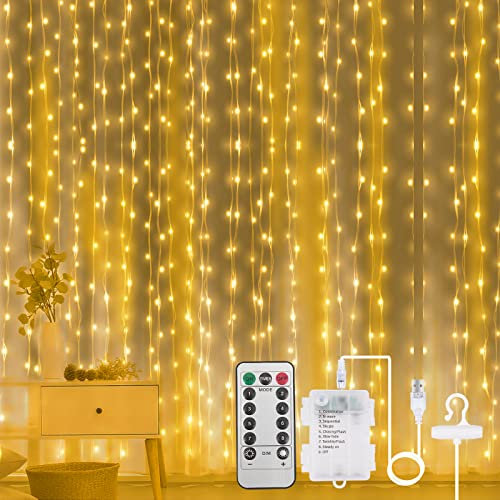 Aomig Lichtervorhang 3x3m, 300 LEDs Vorhang Lichterkette 2 in 1 USB & Batterie, 8Modi Vorhanglichter mit Fernbedienung, IP65 Wasserdicht, Innen Außen Deko für Hochzeit, Party, Weihnachten, Terrasse