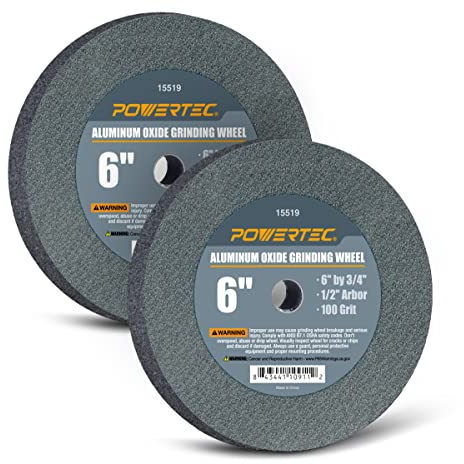 POWERTEC Bench Grinder Wheel 6 Inch 100 Grit, Aluminum Oxide Grinding Wheel for Bench Pedestal Grinder, 3/4 Thick 1/2 Arbor, Sharpening & Shaping Drill Bits, Blade, and Chisel 2PK (15519-P2)