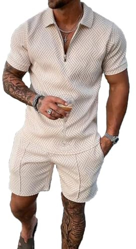 BIRW Herrshorts-set, 2-delad klädsel, pikétröja, mode, sommar, träningsoveraller, ledigt set med kortärmad tröja och shorts för män, BEIgE, Small