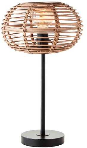 Lightbox Tischlampe im Boho Stil - Tischleuchte mit Bambus Schirm und Schalter - E27 Fassung - max. 40 W - 49 cm Höhe & 28 cm Durchmesser - aus Metall/Bambus in Schwarz matt/Rattanfarben