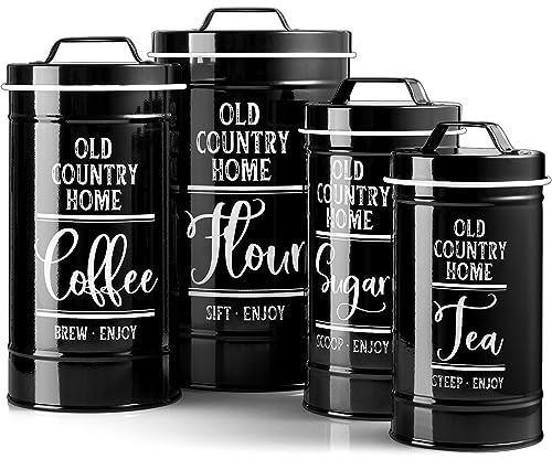 DAYYET Black Canisters Sets for the Kitchen, Airtight Kitchen Canisters for Countertop, Flour and Sugar Containers, Tea Coffee Sugar Canister Set, Black Kitchen Decor and Accessories, Set of 4