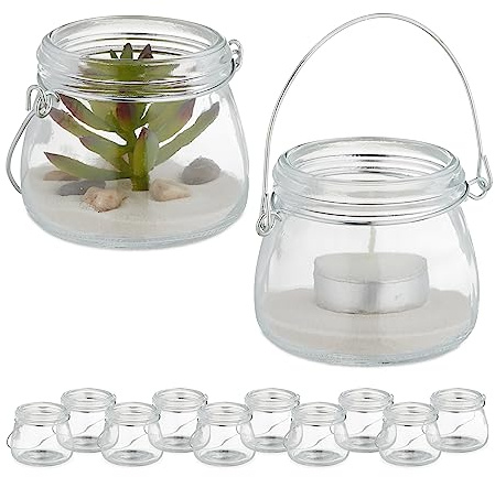 Relaxdays Vindlampa, uppsättning om 12 av glas, med handtag, inomhus och utomhus, värmeljushållare, H x D 6,5 x 7,5 cm, transparent/silver