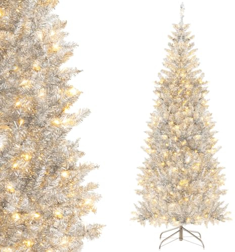 LIFEZEAL Albero di Natale artificiale a LED, argento, 180 cm, 300 luci, realistico con 790 rami, sottile