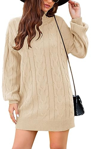 JFAN Vestido Punto Mujer Cuello Alto Manga Larga Frock Otoño Invierno Vestido Casual para Mujer Elegente Jersey Falda de Cadera Beige XL