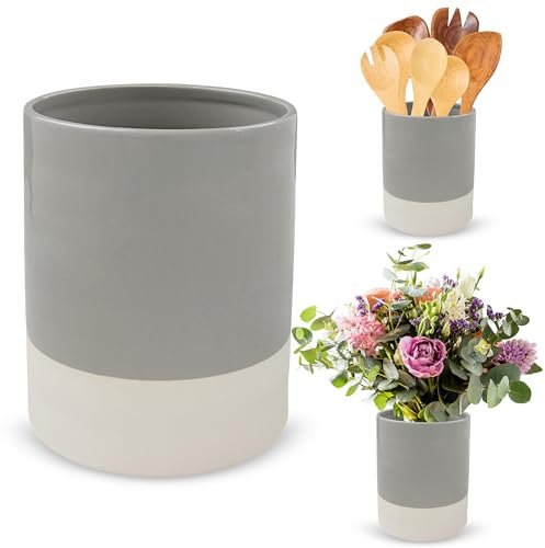7Penn Soporte para utensilios de cocina para encimera, color gris y blanco, utensilios de cocina primitivos para decoración de mostrador, tarro organizador de herramientas de cocina de cerámica