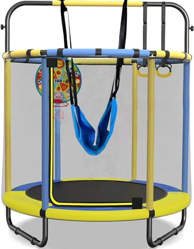 PILIN Trampoline pour Enfants, Trampoline intérieur/extérieur avec balançoire, Barres de Gymnastique, cerceaux, Panier de Basket/fléchettes Inclus, 145cmx170cm, capacité de Poids 50kg