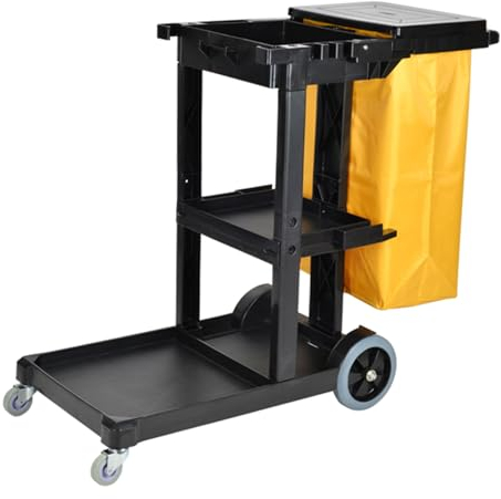 3 Ebenen Reinigungswagen Putzwagen Haushaltswagen, Haushaltsstation mit extra groß Tasche(Black)