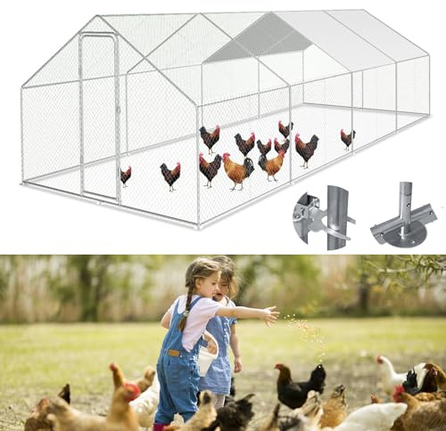 Fiqops Hühnerstall, 3x8x2m Hühnerhaus Freilaufgehege mit Sonnenschutzdach Wasserdichtes PE-Farbtuch, Verzinkter Stahl Kleintierstall Hühnerhaus Dach Geflügelstall Hühnerkäfig