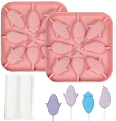 BFJ Lot de 2 moules en silicone pour sucettes de Pâques en forme de maïs, carotte, aubergine, 8 cavités, 25 bâtonnets
