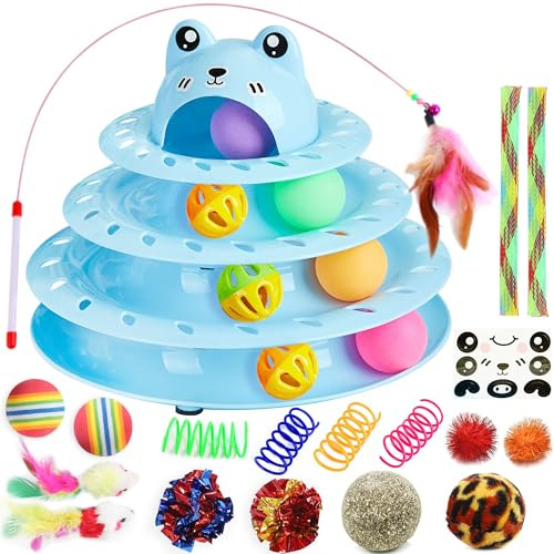 Suhaco 26 PCS Interactive Cat Toys for Indoor Cats Roller 4 Level Track Kitten Toys with 4 Colorful Balls Self Play Kitty Ball Toys Feather Wand Pet Toys for Boredom(Blue)