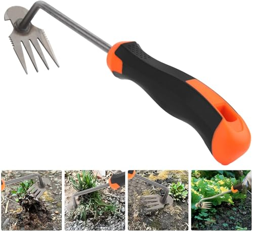 MOKIDO Unkraut Entferner Gerät, Gartenarbeit Hand Unkrautstecher, Unkrautstecher mit Stiel, Gartenwerkzeug, Unkraut Entferner Gerät, 4 Zähne Gartenkralle, Draussen Gartengeräte