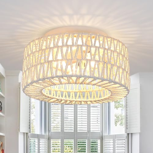 JHLBYL Deckenlampe Rattan Weiß Boho Lampenschirm, 3 Flammig Handgeflochtene Lampenschirm Rattan mit E27 Basis, Deckenleuchte Landhausstil, Schlafzimmerlampe, Wohnzimmerlampe, Deckenleuchte flur