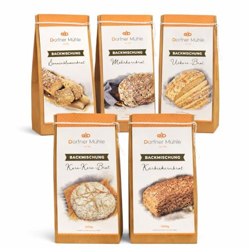Rustikale Brotbackmischungen für Körnerbrote Dorfner Mühle - 10 Brote [5x1kg] Probierset - Handgemacht in Bayern seit Generationen