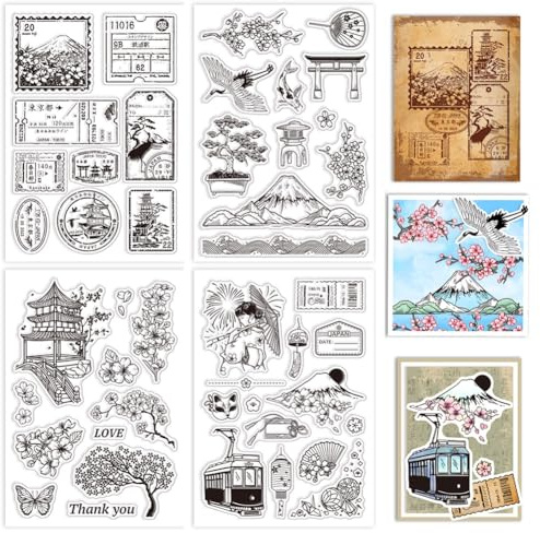 GLOBLELAND 4 sellos transparentes japoneses para bricolaje, montaje de álbumes de recortes, sello transparente de silicona Fuji Cherry Blossom sellos transparentes para hacer tarjetas, álbumes de