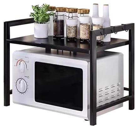 JSUDQR 2-Stufig Erweiterbares Mikrowellen Regal Schwarz,Verstellbares Mikrowellenregal,Mikrowellenhalter aus Kohlenstoffstahl,Küchenaufbewahrung Organizer mit 5 Haken Länge 40-60cm