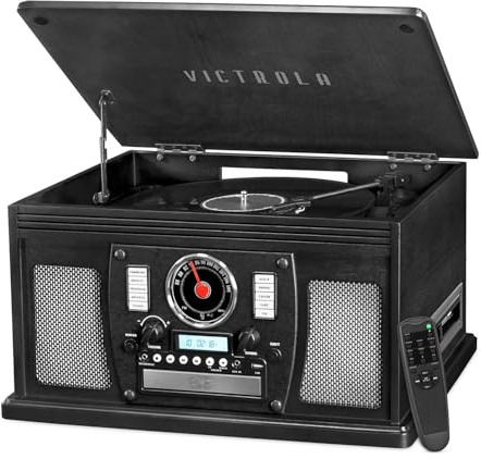 Victrola Navigator – Platine Vinyle Bluetooth 8-en-1 avec Haut-parleurs intégrés – Platine 3 Vitesses, Lecteur CD et Cassette, Finition en Bois véritable (Noir)