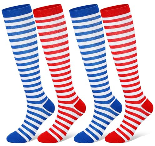 Jadive 2 Paires Carnaval Chaussettes Hautes Rouge Blanc Bleu Blanc Chaussettes Longue Genoux à Rayées Rétro pour Homme Femme(L)
