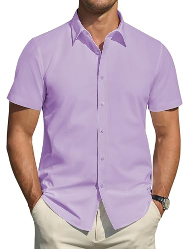 J.VER Short Sleeve Shirts Men Summer Stain Shield Stretch Shirts Fashion Regular Fit Business Work Office Casual Smart Shirt Lavender L