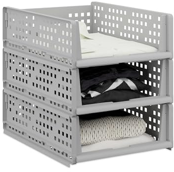 Relaxdays Schrank Organizer 3er Set, grau | stapelbare Kleiderschrank Aufbewahrungsboxen, 13 x 33,5 x 43,5 cm, ausziehbar