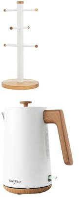 Salter Toronto 1.7L Kettle & Mug Tree – Rapid Boil Kettle with Limescale Filter and Auto Shut-Off Function, 6 Branch Cup Holder for Coffee Mugs, Acacia Wood, Freestanding, White