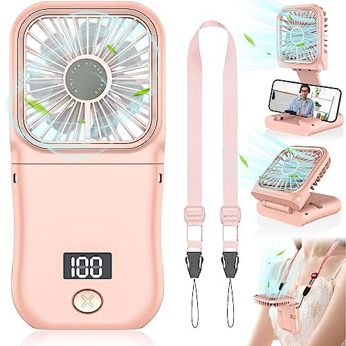 AJGJF Hand Held Fan Rechargeable,Mini Fan Portable Fan Battery Powered Fan with 3 Speed, Table Fan Small Desk Fan, Cordless Personal Fan, 180°Folding Hand Fan Summer Gifts for Women Girls Kids Pink
