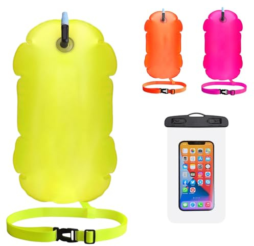 Bouée de Natation,Flotteur Natation Extérieur et Étui de Téléphone Étanche,Sac Etanche Nautique,Bouée Gonflable d'air Remorquage,Nageurs Sports en Eau Libre Snorkeling Accessoires (Jaune Fluorescent)
