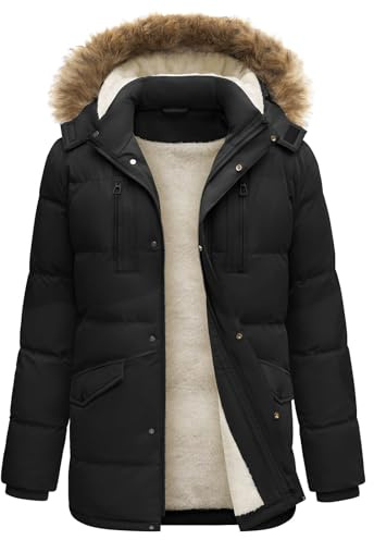 heekpek Mens Jacket Winter Long Coats Warm Parka Hooded Water Repellent Outdoor Padded Fleece Lined Jackets, Black, L